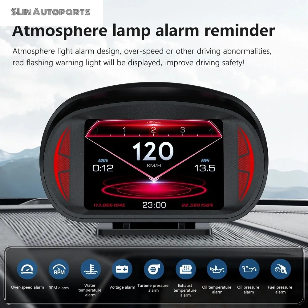 P2 OBD2 GPS Car HUD Head-Up Display Speedometer 10-in-1 Multi-Function Vehicle Data with RPM Alarm Voltage Oil Pressure Warning
