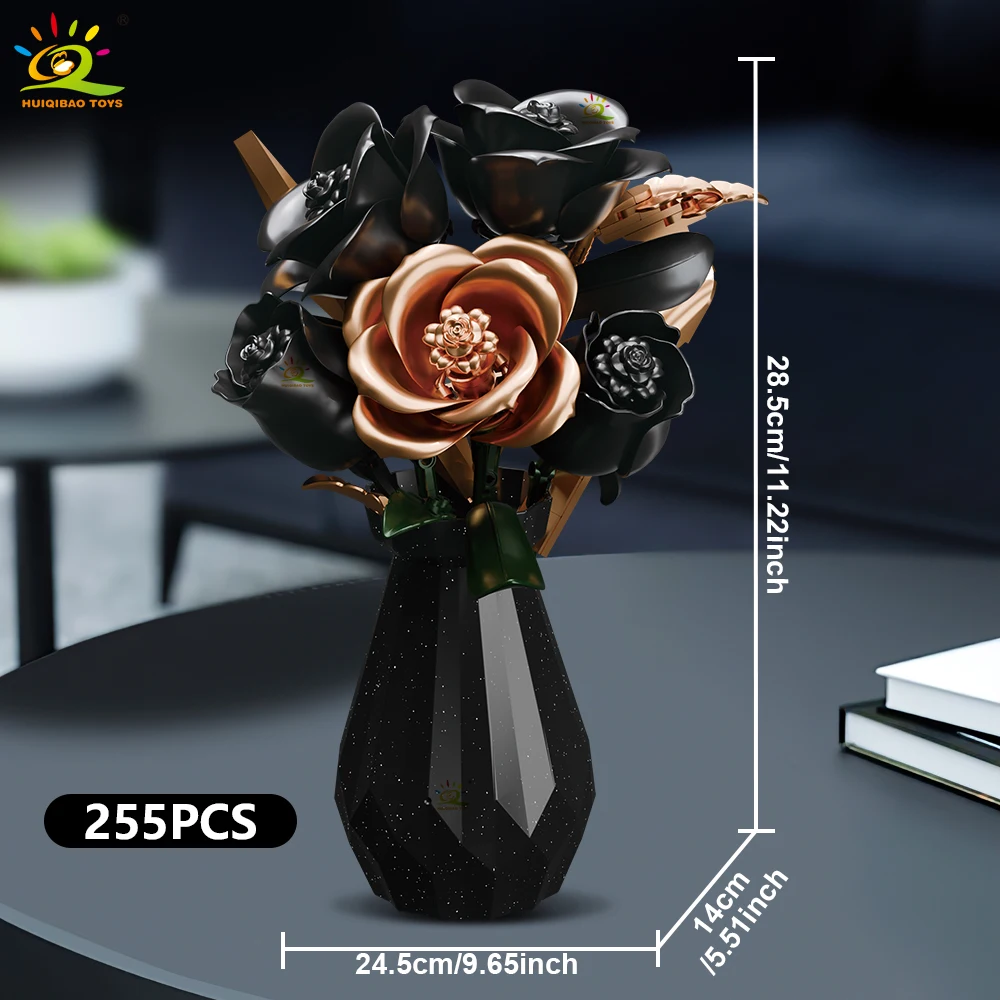 HUIQIBAO Rose MOC Flower Model Building Blocks 3D Bouquet Bricks Children DIY Toys Home Decor Valentine's Day Gift for Girls