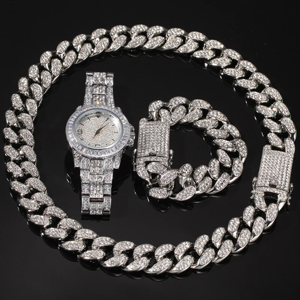 

Iced Out браслет + ожерелье + набор часов со стразами, блестящие рэперские украшения для мужчин и женщин, бесплатная доставка