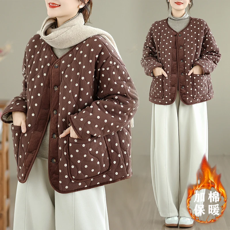 

Retro Polka Dot Print round Ne Cotton Jaet Women's Autumn Winter plus Size Loose Versatile Cotton Padded Warm Coat