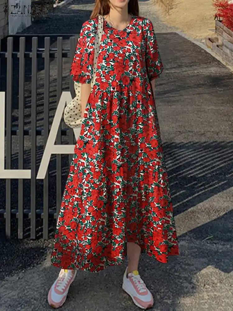 ZANZEA Summer Bohemian Dress Women Vintage Short Sleeve Floral Printed Vestidos Maxi Robe Femme Casual Beach Holiday Sundress