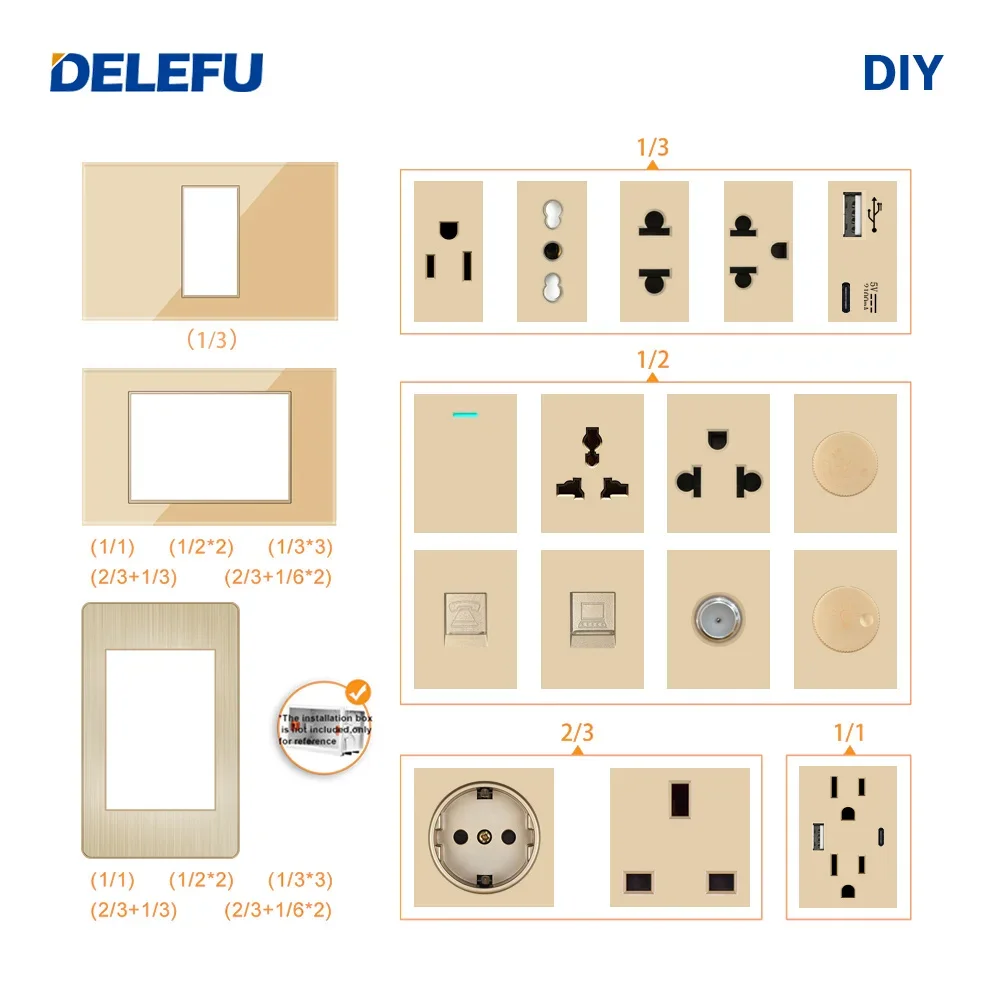 DELEFU English, Multi-functional Free Combination Computer USB Type C Wall Socket DIY Gold