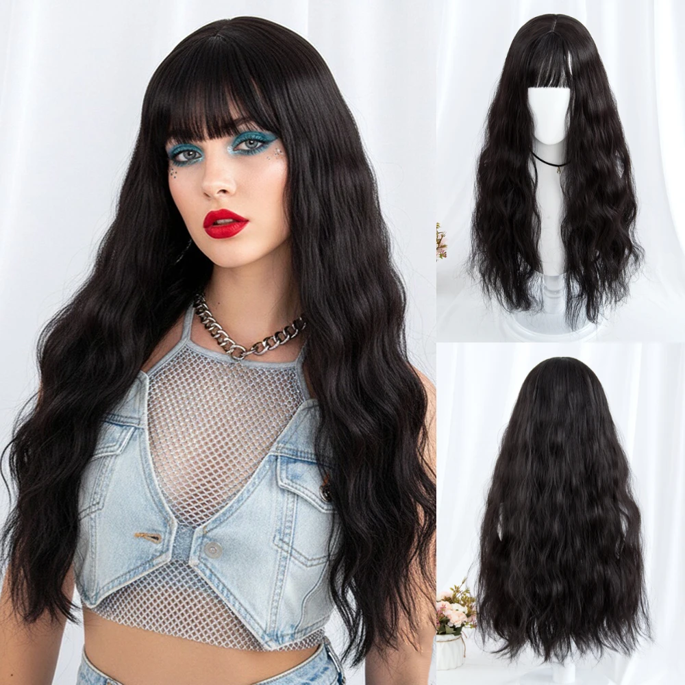 

Lolita Long Wavy Synthetic Black Wig With Bang Women’s Heat Resistant for Halloween Christmas Cosplay & Daily Wear