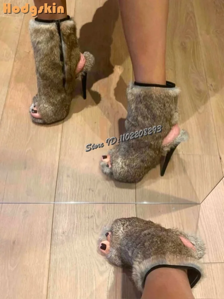 

Сексуальные босоножки на щиколотке из искусственного меха, коричневые, с круглым носком, сзади, с боковой молнией, на высоком каблуке, осень 2022, новая женская модная современная обувь на шпильке