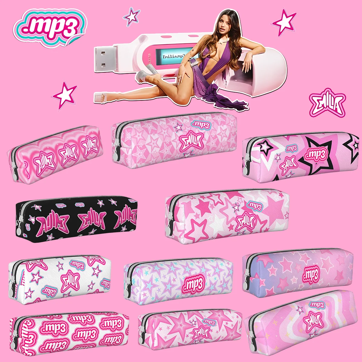 Cute Pencil Case Emilia Mernes MP3 Singer Pencil Box Back To School Pencil Cases Students PU Leather Graphic School Stationery