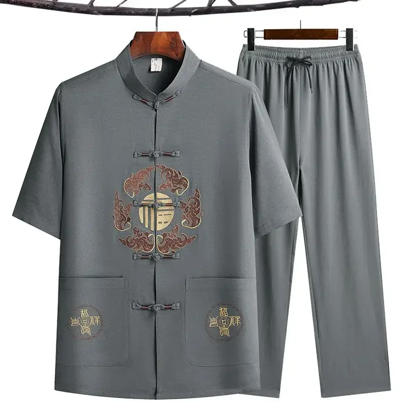 Traditional Clothing Set For Men Adult Tai Chi Kung Fu Uniforms Linen Short Sleeve Embroidery Casual Chinese Costume MN1