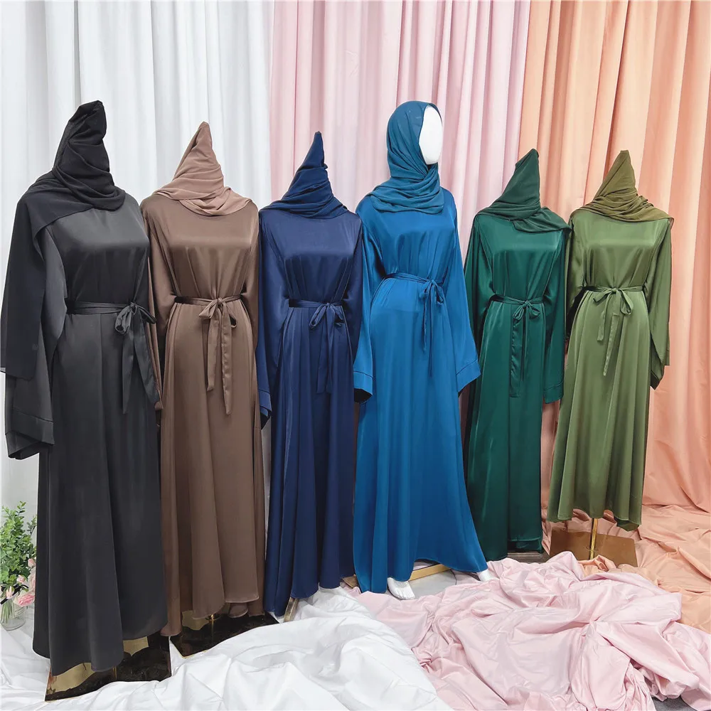 Ramadan Eid Satijn Abaya Hijab Jurk Set Dubai Moslim Turkije Islam Kaftan Vrouwen Gewaad Femme Musulmane Jalabiya Marocain Caftan Nieuwe