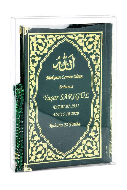 

Name Printed Harded Yasin Book Wholesale Size - Classic Pattern - Rosary - Transparent Boxed - Green Color