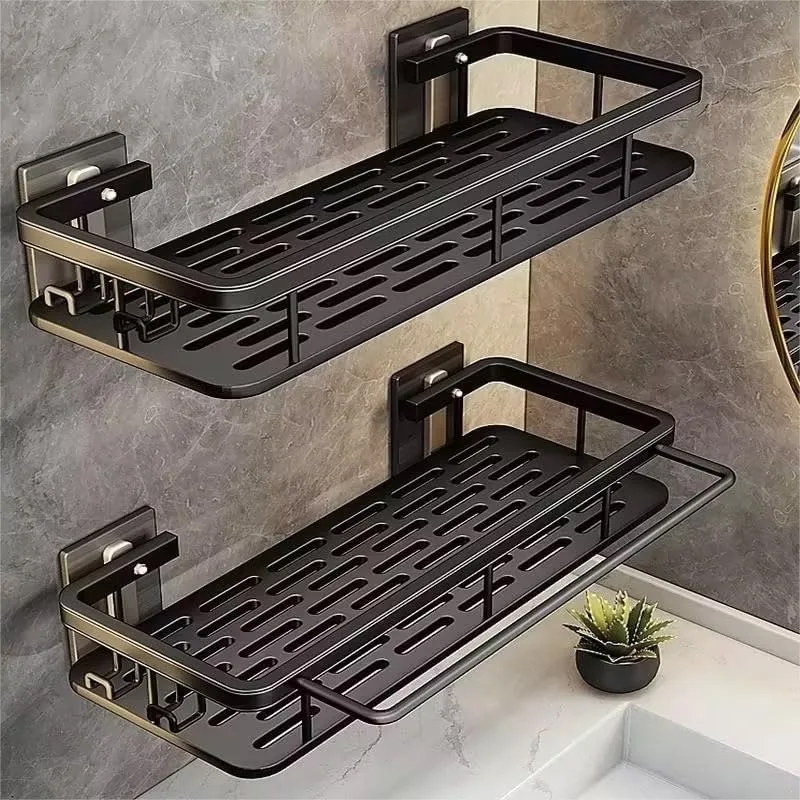 

Adhesive Shower Caddy 2-Pack with Towel Rod for Bathroom Shelves, Rustproof Aluminum Shampoo Organizer, Easy No-Drill