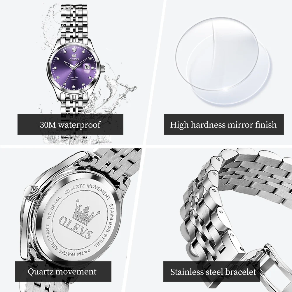 الماس الأرجواني الهاتفي الساعات للمرأة ساعة الموضة الفولاذ المقاوم للصدأ الكوارتز مقاوم للماء تاريخ مضيئة ساعة اليد النسائية ﻿