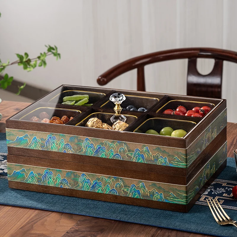 

Chinese dried fruit box high-end light luxury household living room coffee table candy snacks grid solid wood storage new fruit