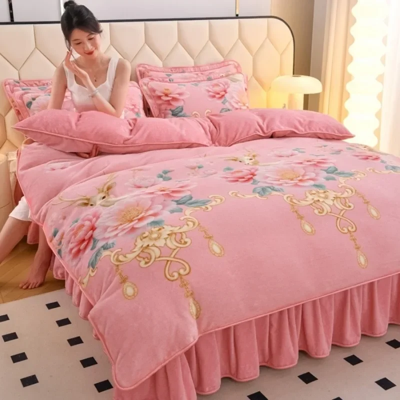 2025 new thickened milk fleece four-piece warm fleece double-sided quilt cover winter coral fleece high-end bed skirt