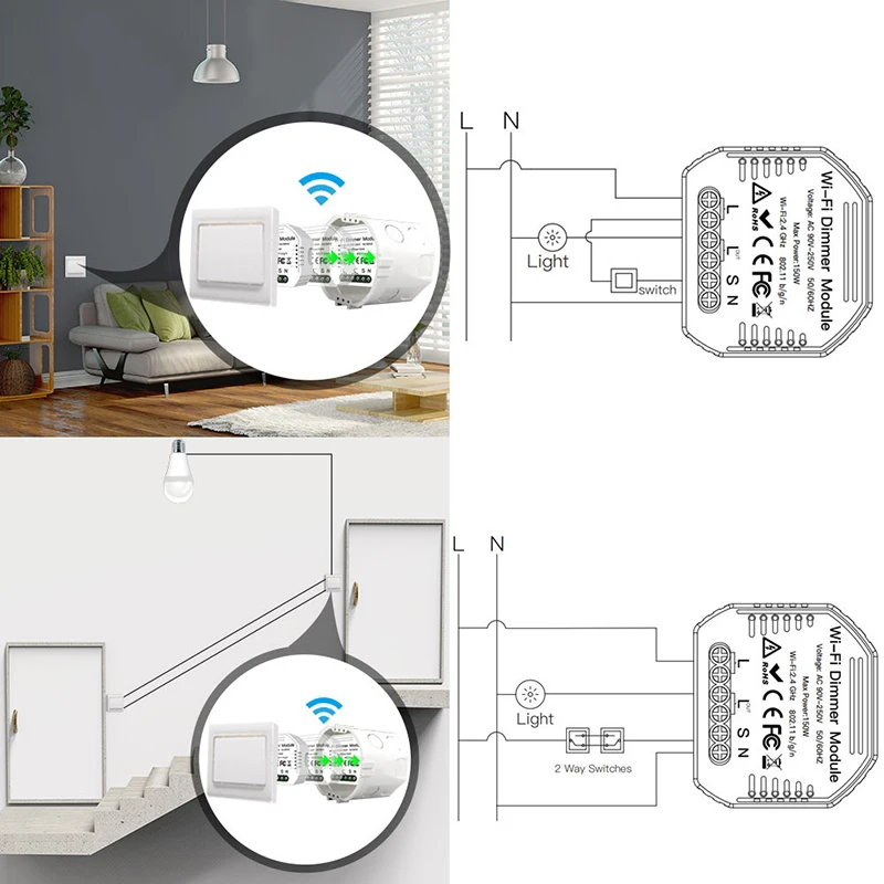 Mini Smart WLAN 1-Gang-Modul für dimmbares LED-Licht Smart Life / Tuya App, kompatibel mit Alexa Echo und Google Home