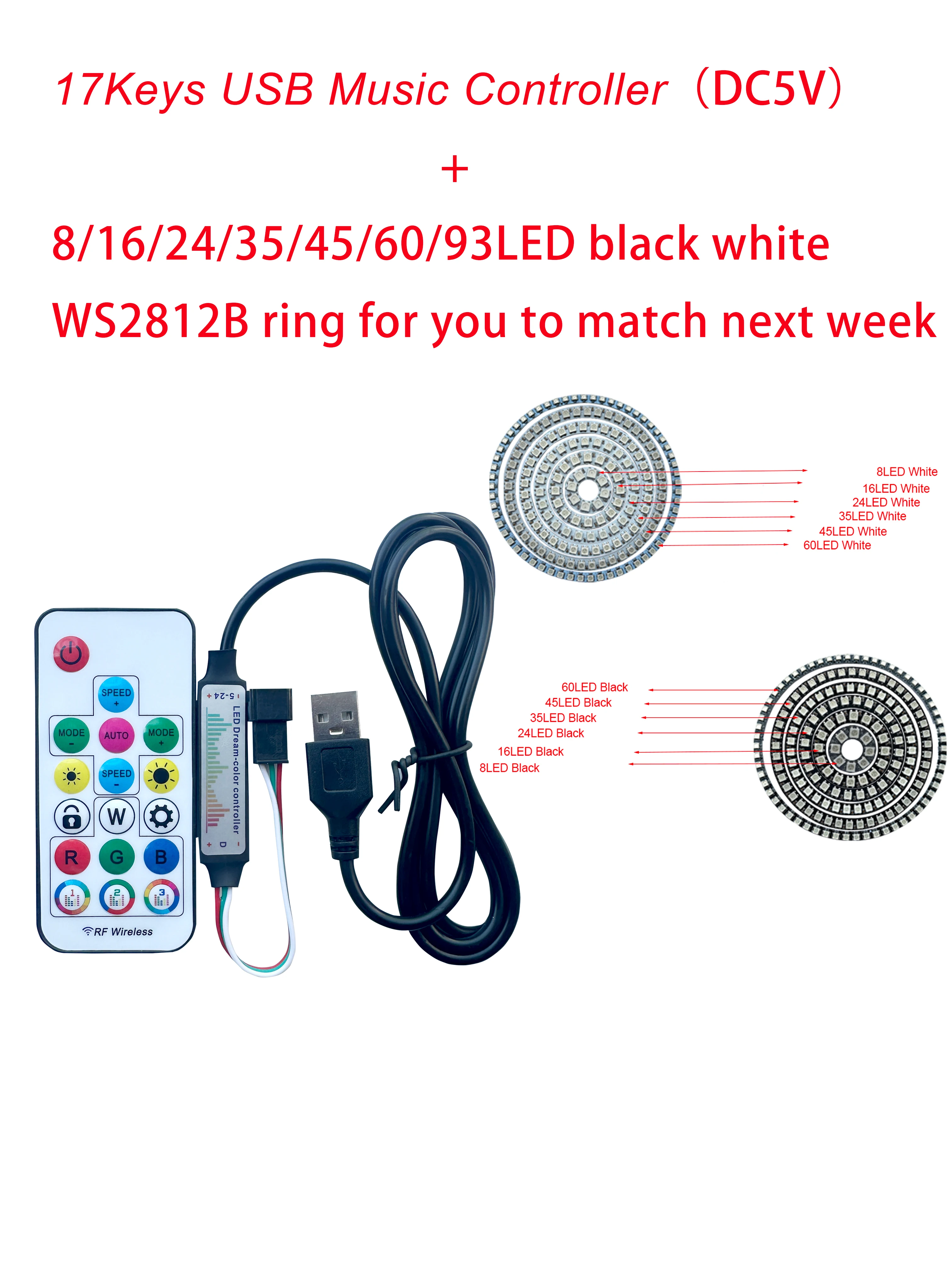 Anneau de pixels Led adressable WS2812B, 8/16/24/35/45/60/93 diodes WS2812 5050 RGB, couleur IC, LED intégrée avec USB à 17 touches