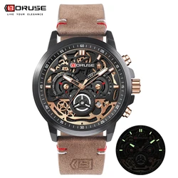 BORUSE Brown Leather Strap Luxury Men's Quartz Wristwatch Date Calendar Chronograph Waterproof Luminous Quartz Watch for Men