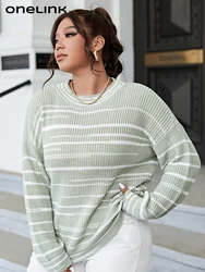 ONELINK-suéter de talla grande para mujer, ropa de punto de hilo con patrón de rayas, jersey de cuello redondo, Tops de manga larga para mujer, otoño