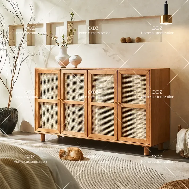 Solid Wood Rattan Storage Cabinet Multifunctional Ash Wood Side Cabinet Small Apartment Simple Dining Locker