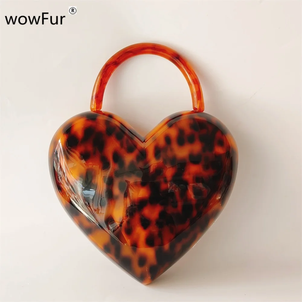 Leopard Big Heart Top Acrylic Handle Brand New Evening Pvc Box Totes Handbags Fashion Girl Phone Pocket Wedding Party Clutches