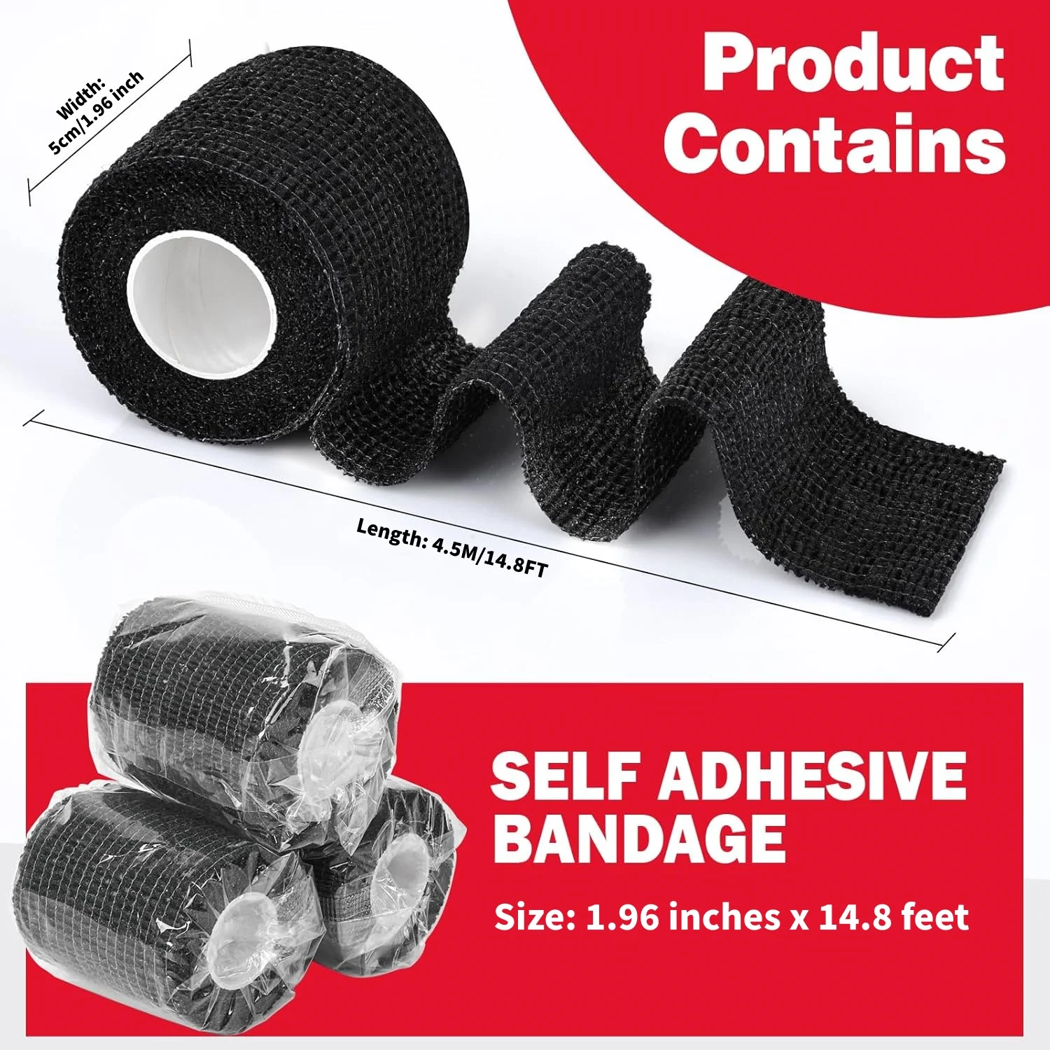 Self adhesive bandage, black sports tape, veterinary tape, grip tape, ankle tape, adhesive bandage pack, black，1.96inch x 14.7ft