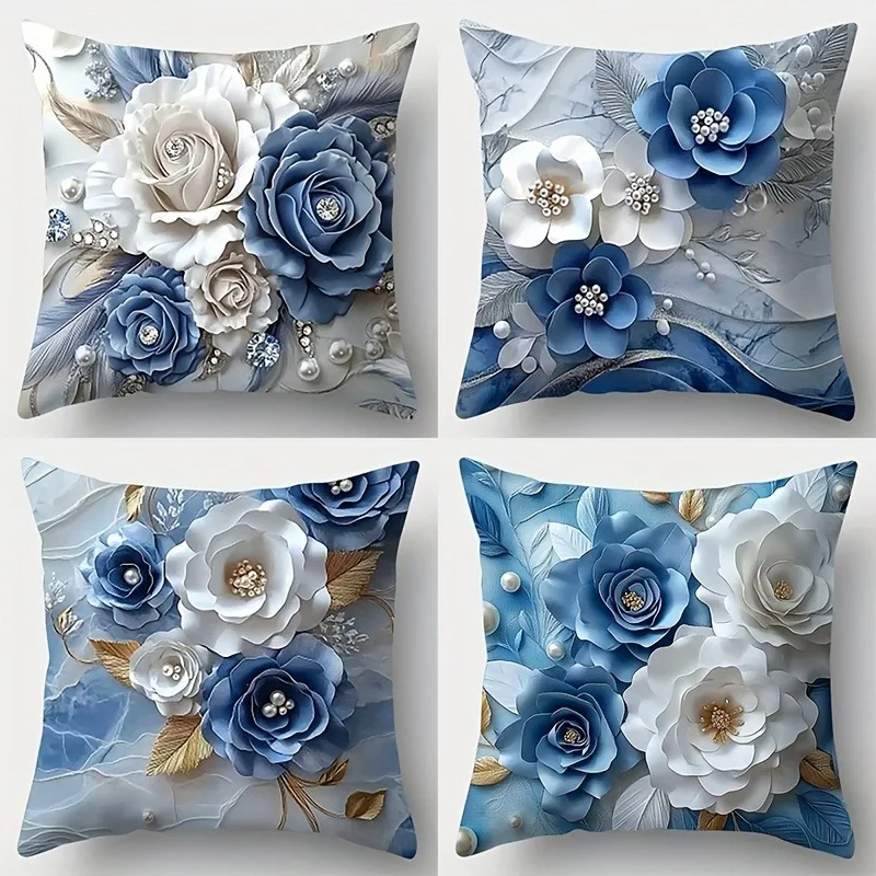 4pc Tropical - style Golden Leaf and Greenery PillowcaseBedroom Living Room Sofa Home Decor Polyester Cushion Cover with Zipper