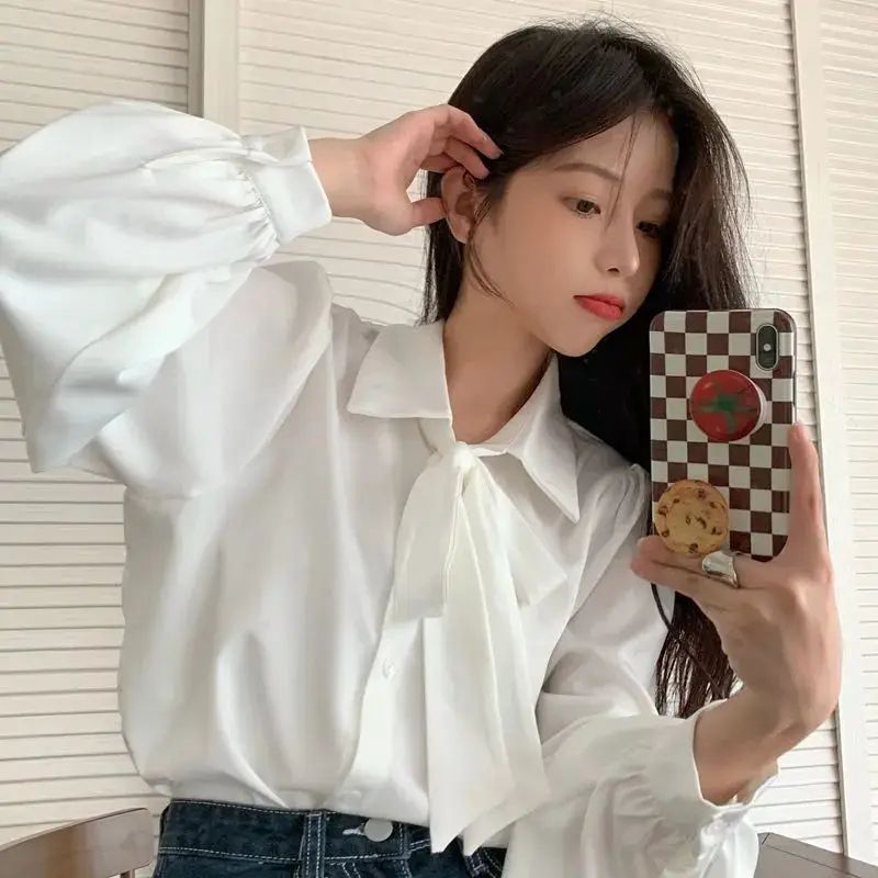 White Shirts Women Bow Casual Cute Ulzzang Students Long Sleeve Fashion Simple All-match Spring Clothing Daily Cozy Elegant Tops