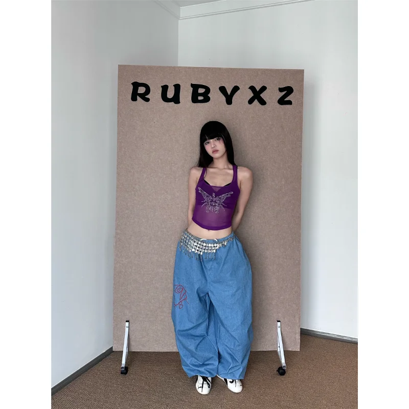 Cool Sensation  Mesh Tank Top Purple Netting Spicy Girl Belly Baring Vest Casual Style round Neck H-Shape Backless