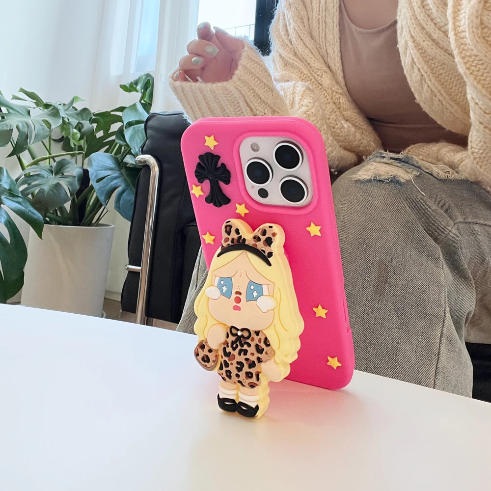 

Fashion Leopard Girl 3D Cute Cartoon Soft Silicone Case for iPhone 12 13 14 15 16 17 Pro Max with Invisible Holder Stand Cover
