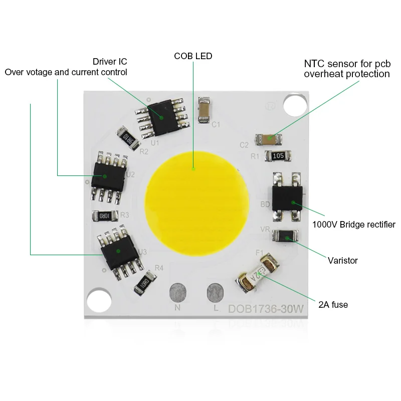 Lâmpada LED sem condutor, chip COB, potência total, frio, quente, branco, ao ar livre, lâmpada, downlight, holofotes, DOB, 220V, 30W