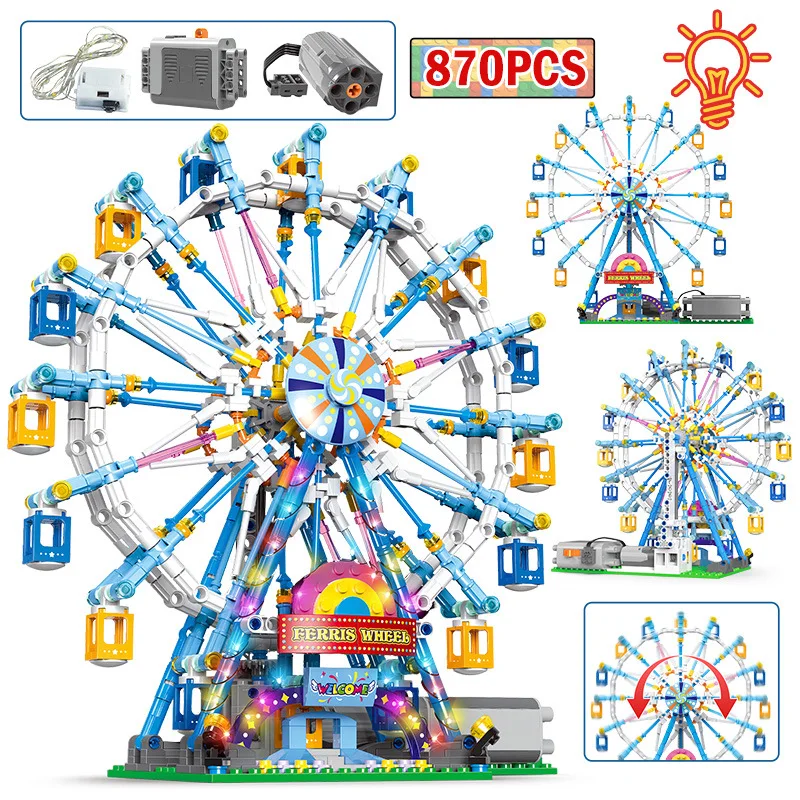 MOC Technical Rotating Ferris Wheel Blocks Electronic Kids Building Electric Bricks With Light Toys For Children Christmas Gifts