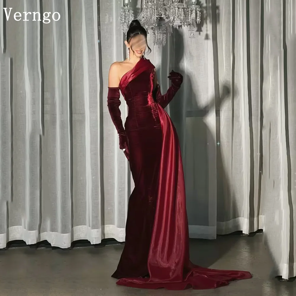 

Verngo Burgundy Velvet Evening Dress One Shoulder Mermaid Side Slit Prom Gowns Women Elegant Saudi Arabia Party Dress Customized