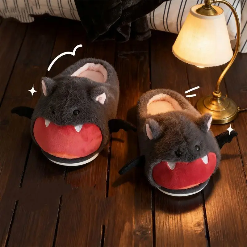 Black Winter Home Slippers For Womens Cute Cartoon Bat Women Furry Slippers Couples Warm Lightweight Soft Man Cotton Shoes view 5