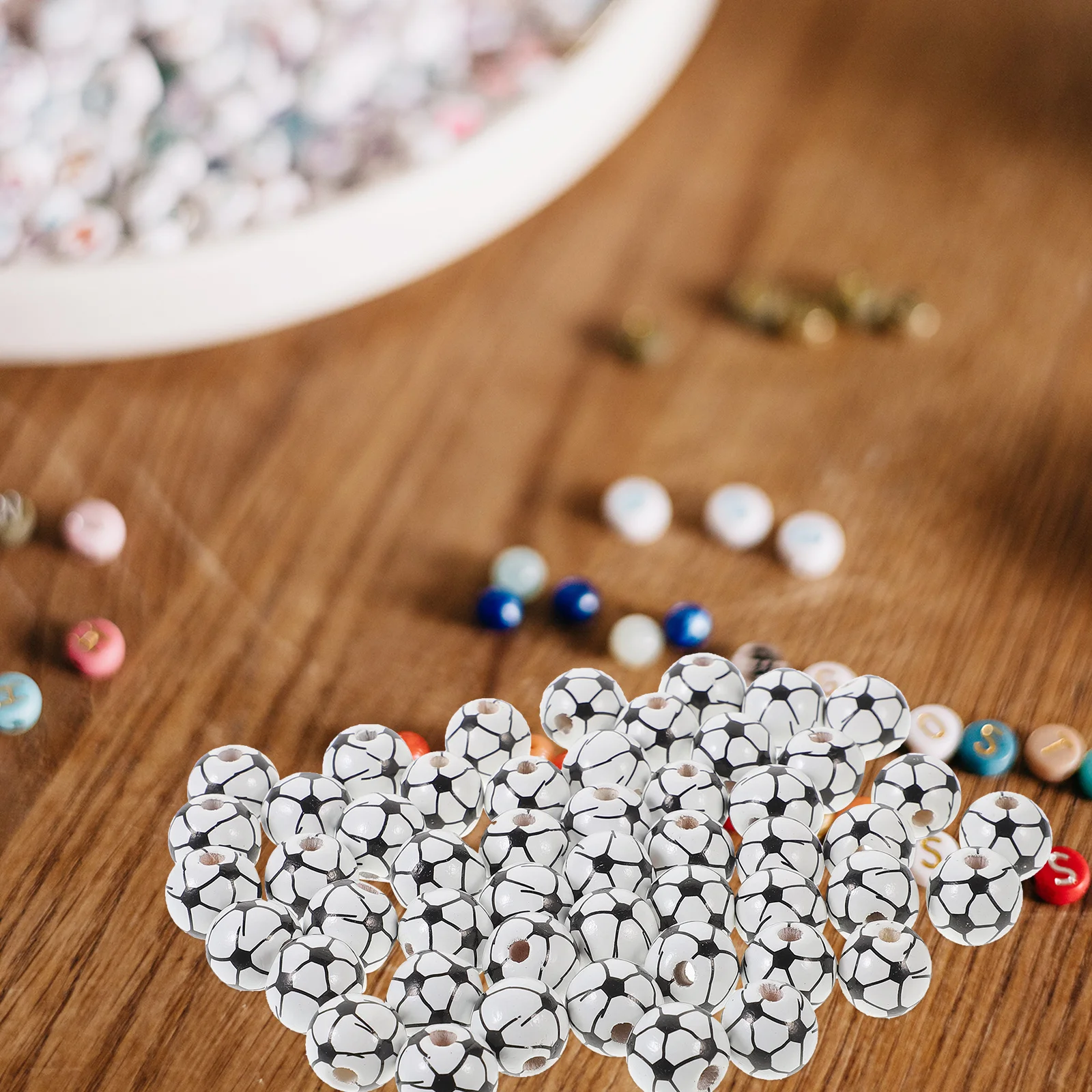 

50Pcs DIY Decorative Wood Beads Sports Ball Loose Beads Jewelry Making Craft Supplies for Bracelets Earrings Necklaces