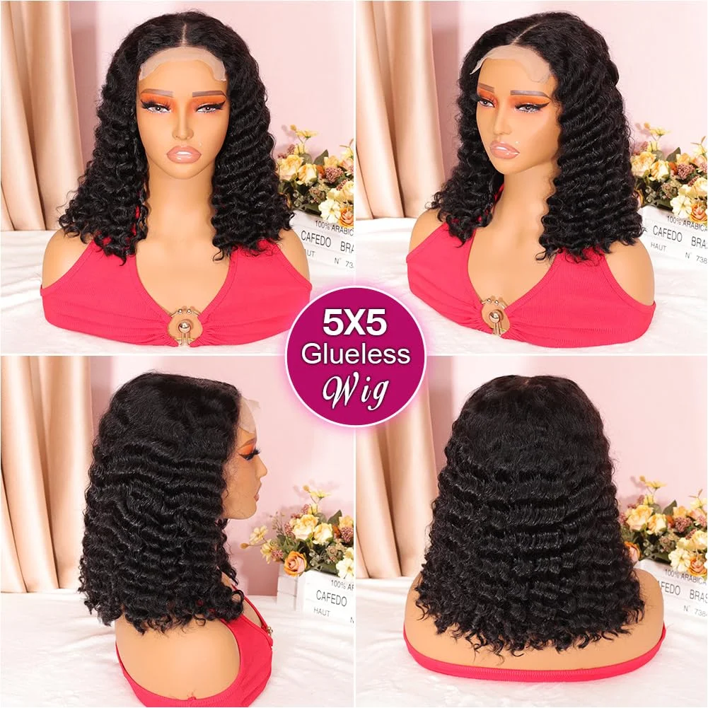 10 inch kort krullend bob pruik menselijk haar pre geplukt 4x4 250 dichtheid slijgen en gaan menselijk haar pruik lijmloos krullend diepe golf voor vrouwen