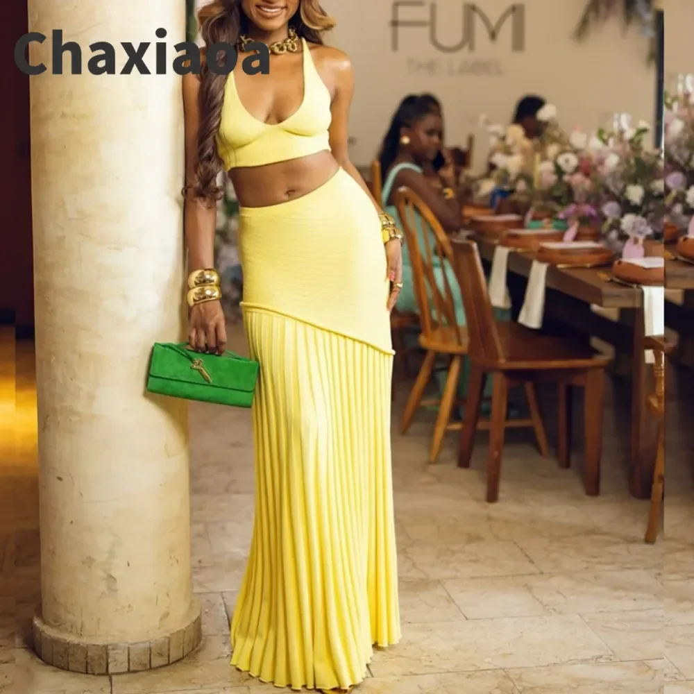 

Chaxiaoa Solid Knitted Skirt Sets Elegant Sleeveless Slim Holiday Party Outfits Sexy V-neck Vest and Maxi Skirt 2 Piece Set 2025