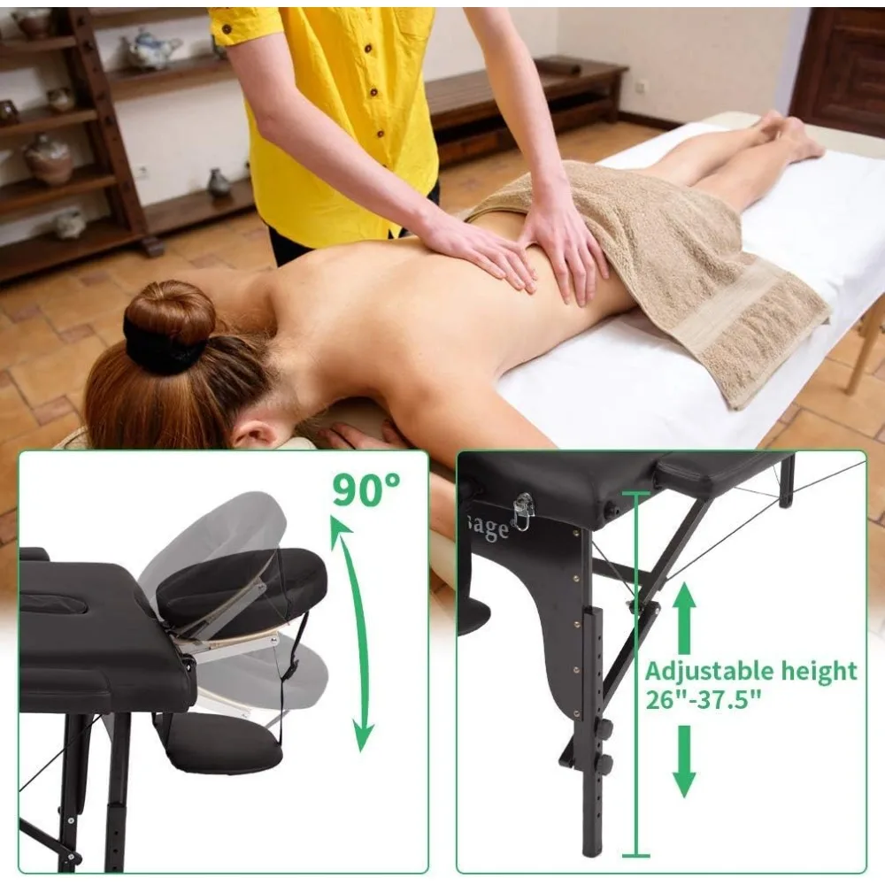 Mesa de massagem com esponja de memória, cama de massagem portátil, berço facial, ajustável 2 dobra PU, altura larga, salão de beleza, 77 polegadas, 30 polegadas, 4 polegadas