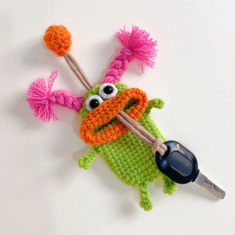 Cartoon Key Case Sausage Mouth Hand-Woven Knitting Car Key Holder Bag Pendant Anti-theft Handmade Crochet Key Fob Cage Protector