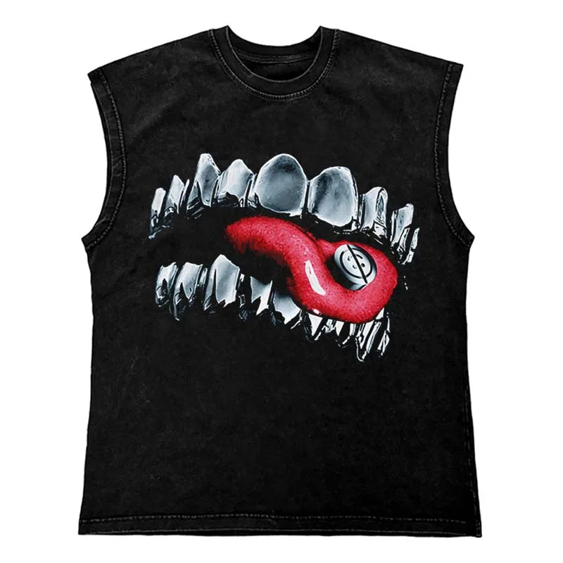 Gothic Punk Painting Print Tank Tops Hip Hop Oversized Cotton Streetwear T Shirt Custom Tanks Tops Men Washed Vest Men Clothing