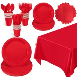 Solid Red Theme Party Decorations Disposable Tableware Paper Napkins Cups Plates Tablecloths for Birthday Wedding Party Supplies