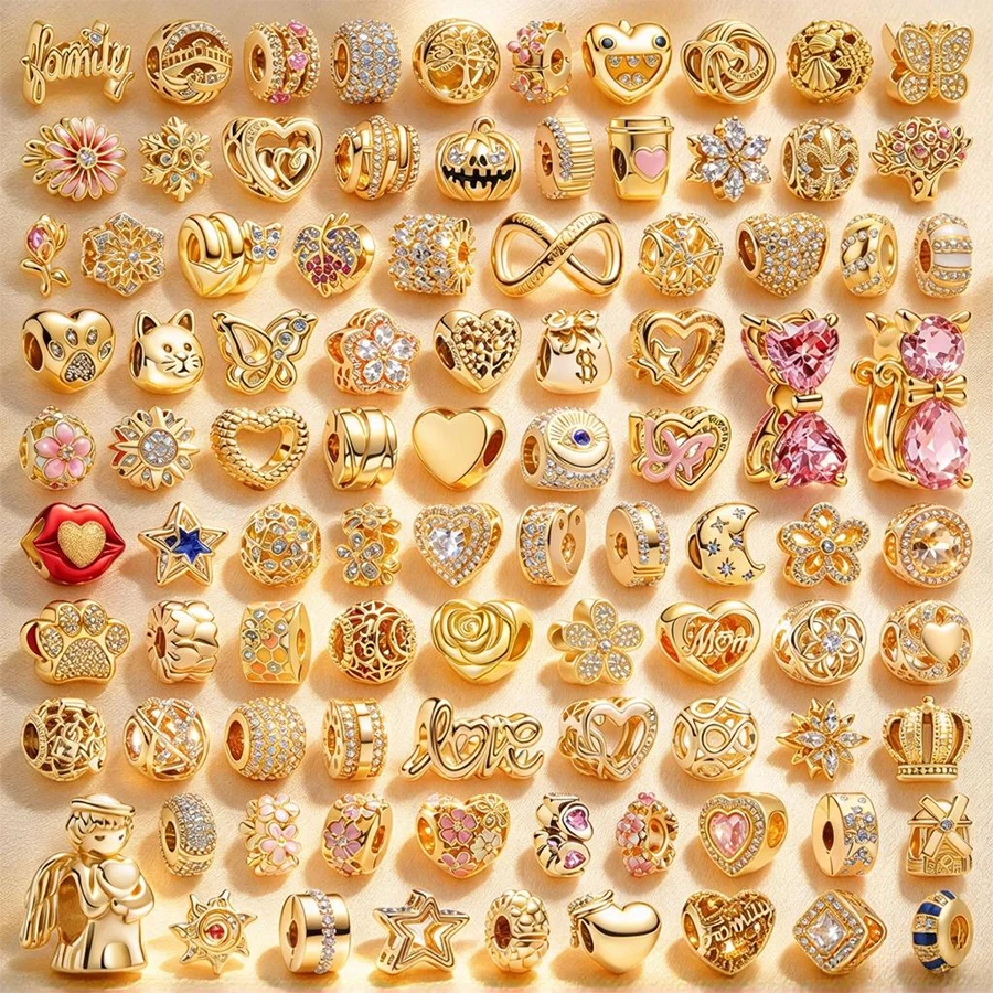 Sparkling Golden Butterfly Moon Pink Daisy Spacer Clip Hearts Paw Print Star Charm Beads DIY Jewelry Gift Fit Original Bracelets