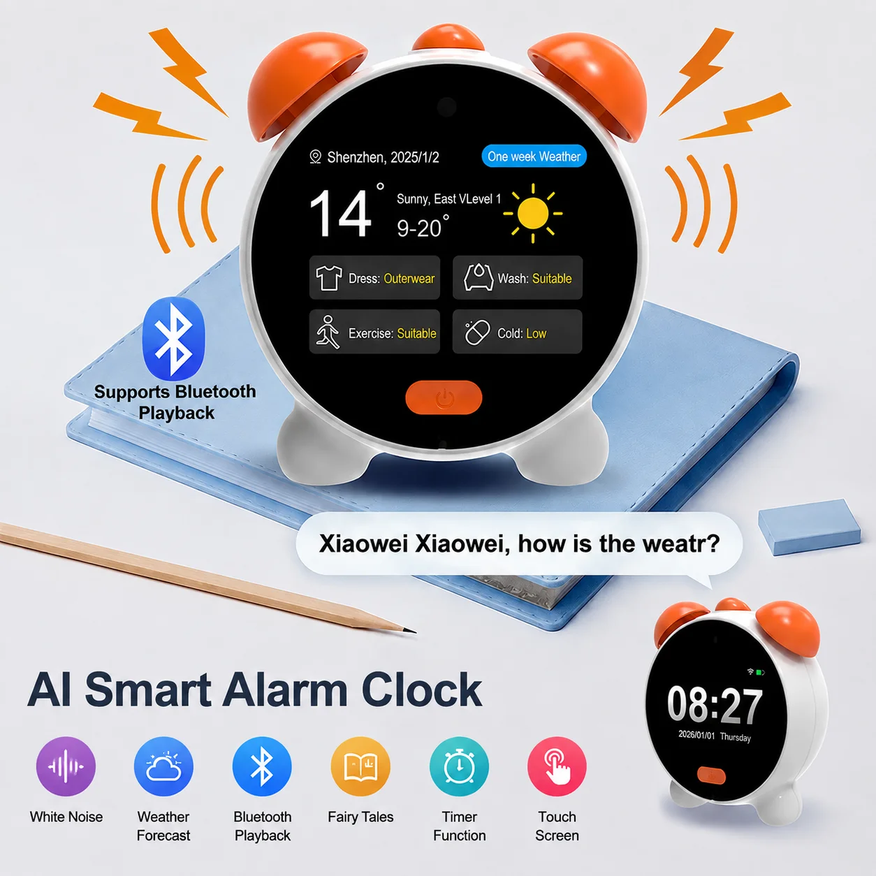 AI Smart Alarm Clock with White Noise Multi-function Voice Control Clock Touch Screen Timer Fairy Tales for Kids Sleep Training