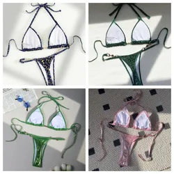 Conjunto de Bikini brasileño con diamantes de imitación para mujer, traje de baño Sexy, bañador con Tanga Halter, microbikini con espalda en T