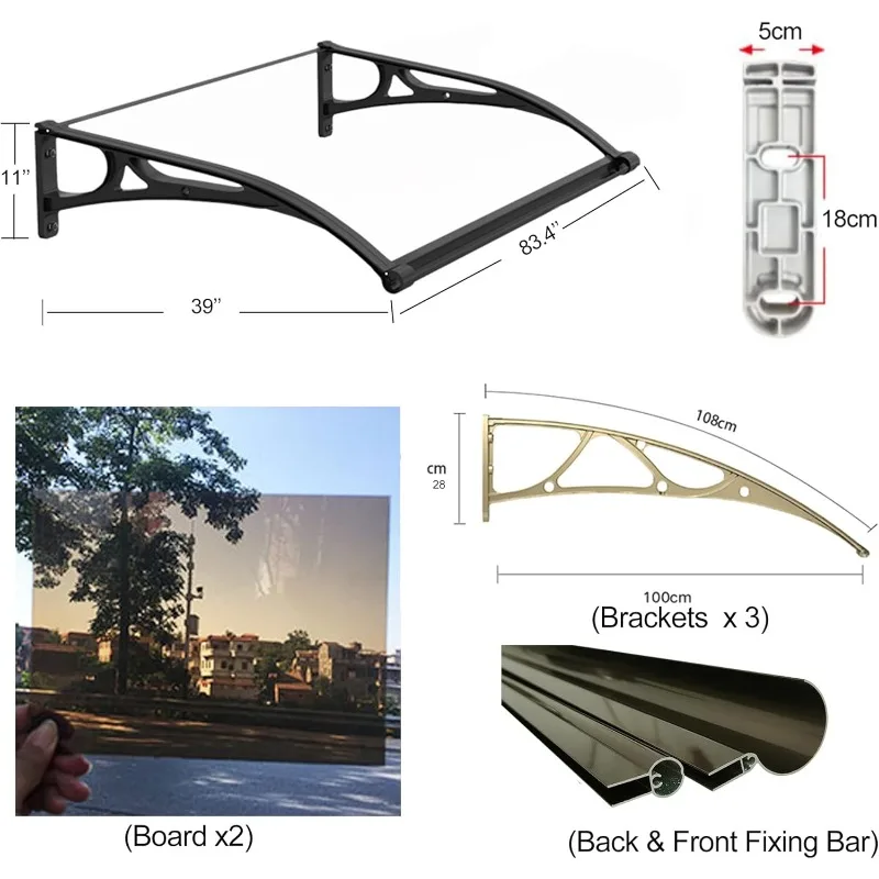 مظلة لباب النافذة من الألومنيوم ، لوح بولي كاربونات أسود ، أبواب أمامية ونوافذ متدلى ، UPF 50 +