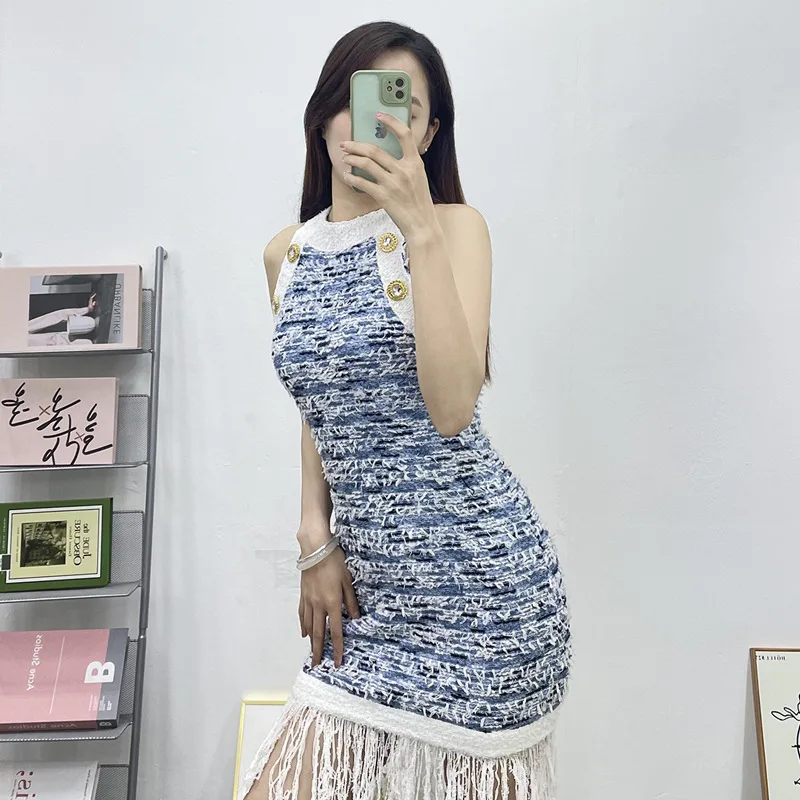 Dophee 2024 New Summer Fashion Lady Blue Tweeds Tank Top Dress Elegant Tassel Sexy Off Shoulder Metal Button Slim Knitted Dress