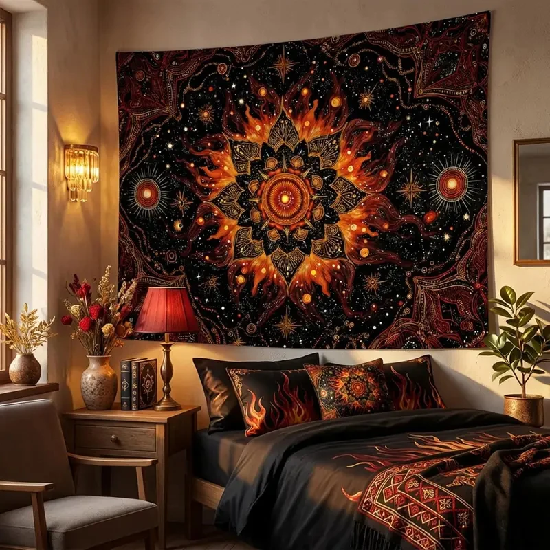 Dark Flame Sun Mandala Tapestry, Celestial Starry Sky Print with Fire Elements Large Wall Hanging Bedroom Living Room Aesthetic
