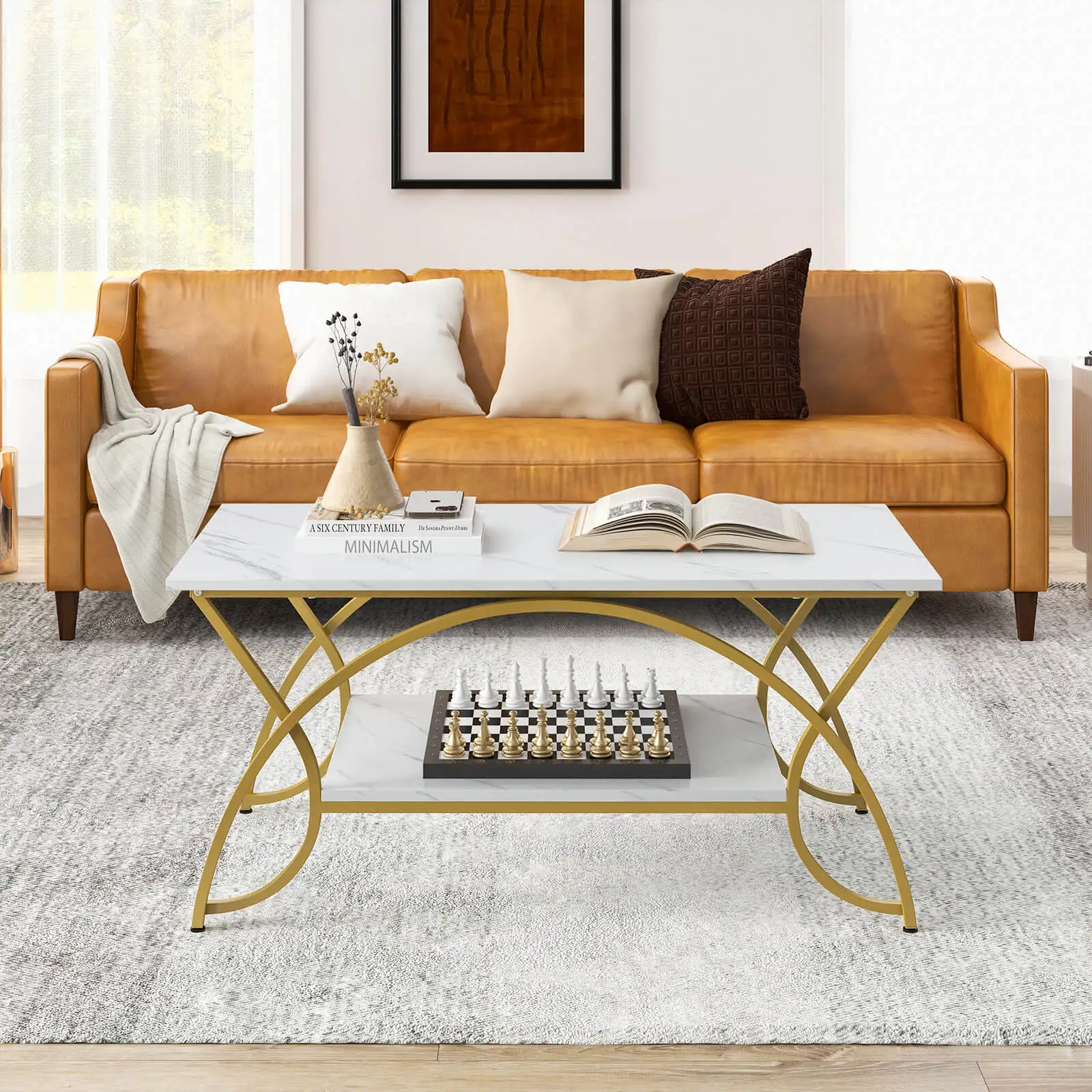 

Modern 2-Tier Luxury Coffee Table w/ Sleek Lines & Chic Arch Shape Living Room