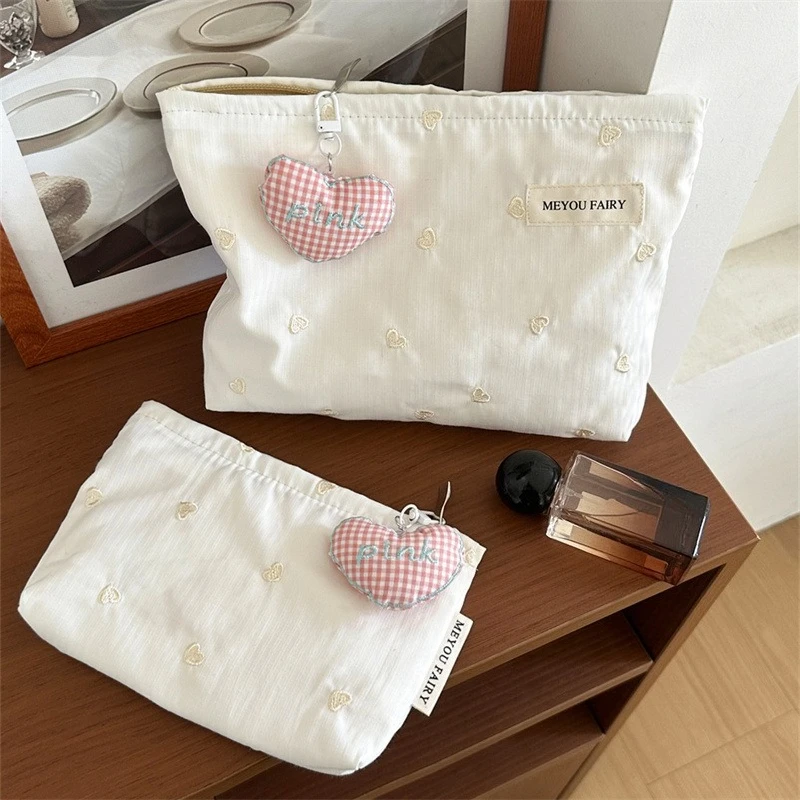 Women Girl Sweet Cosmetic Bag Heart Embroidered Cute Kawaii Makeup Bag Fashion Large Capacity Multifunctional Storage Bag Pouch