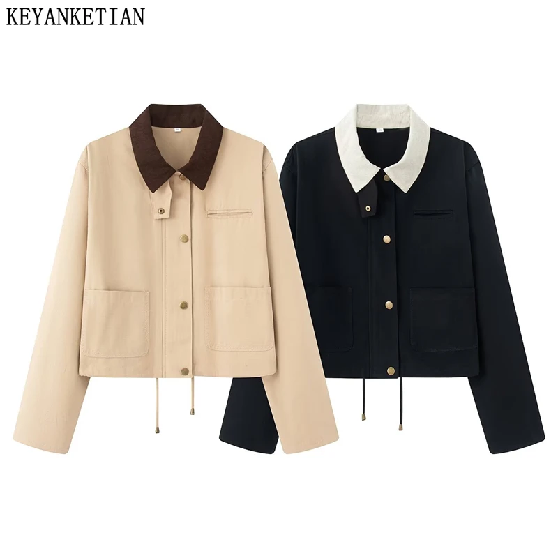 

KEYANKETIAN Autumn And Winter New Women's Corduroy Lapel Contrasting Color American Retro Style Short Jacket Women Coat