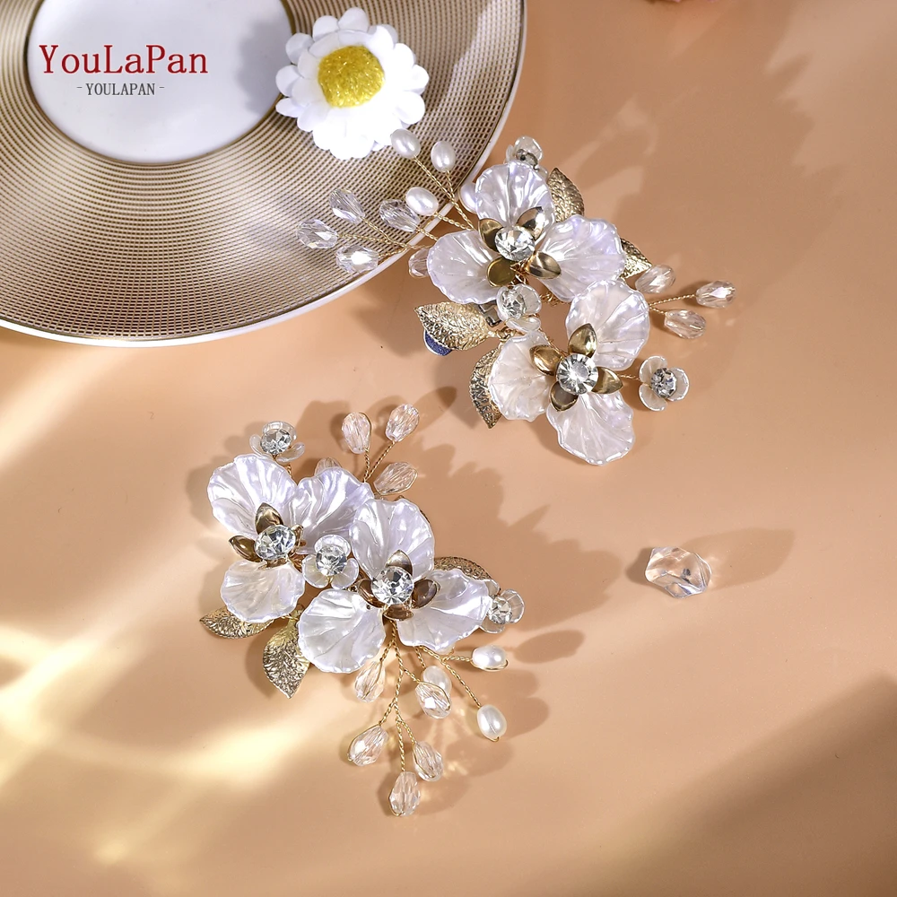 YouLaPan 2PC Crystal Pearls Wedding Shoes Decorations Shell Flower Shoes Clip Handmade Removable Wedding Metal Clamp HX65