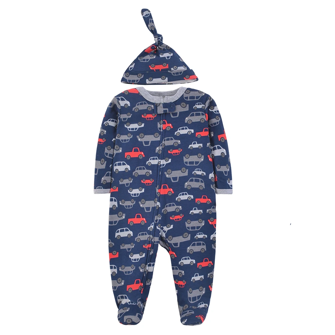 Navy Baby Footed Romper with Car Truck Print Soft Cotton Zip-Up Onesie with Matching Knotted Hat for Newborn Boys All-Season