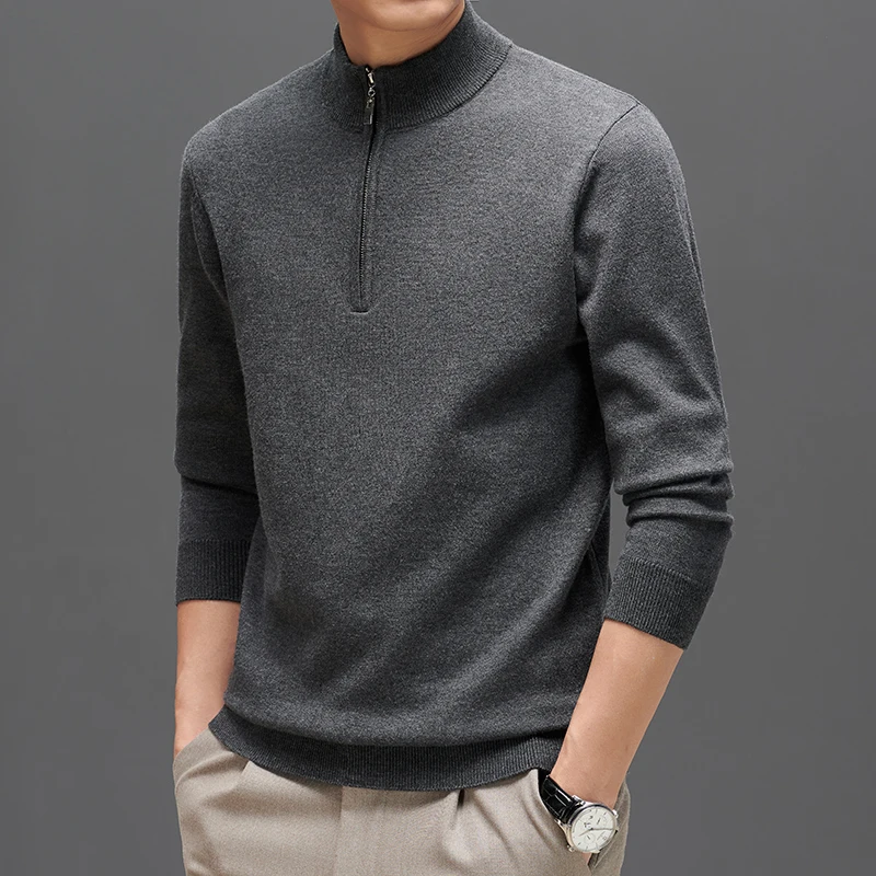 

High Quality Men's Wool Zipper Sweater 2024 Spring & Autumn Casual Mock Neck Knit Clothes Pullover Sheep Wool Blended Jumpers